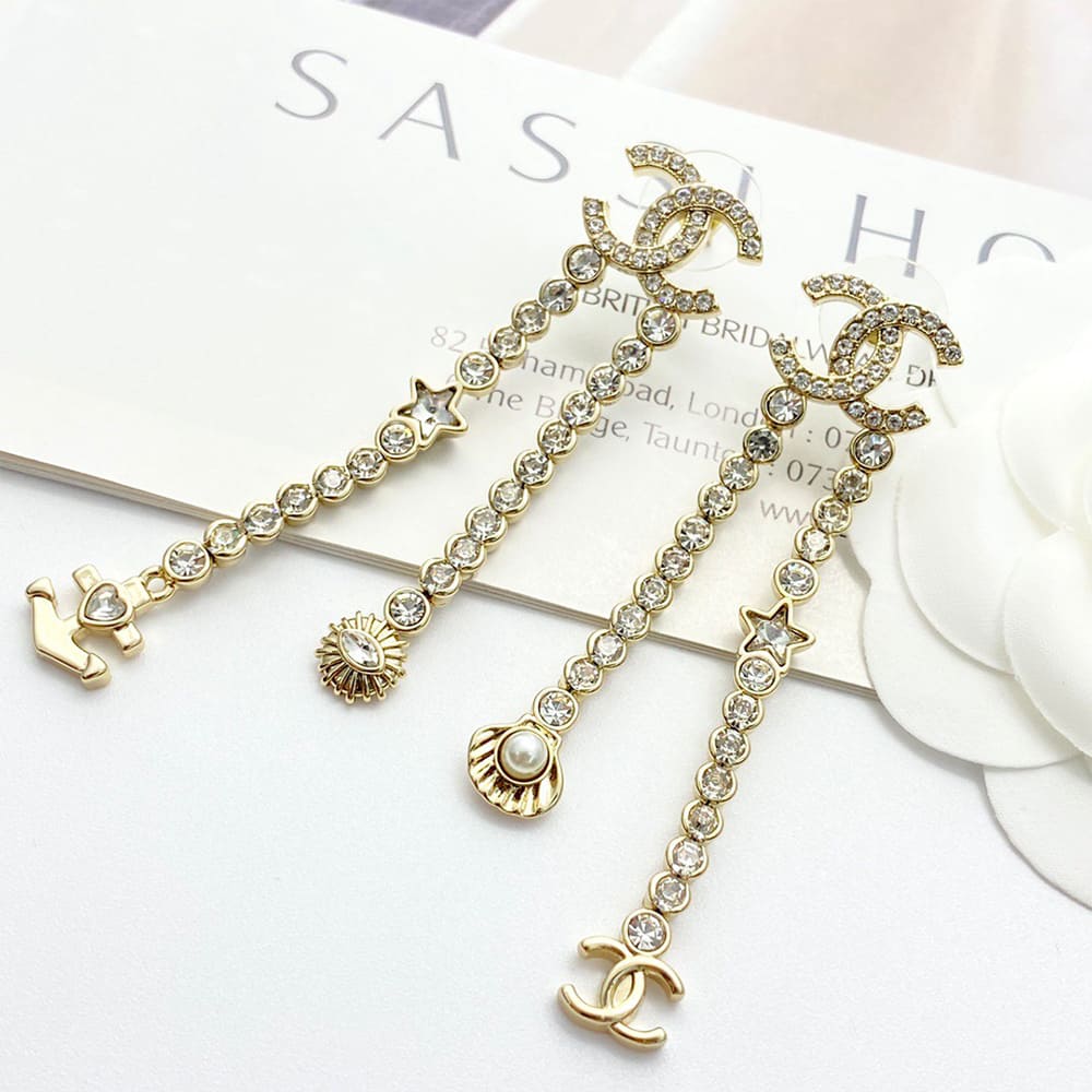 Ch**el Rhinestone Pearl Shell Drop Earrings