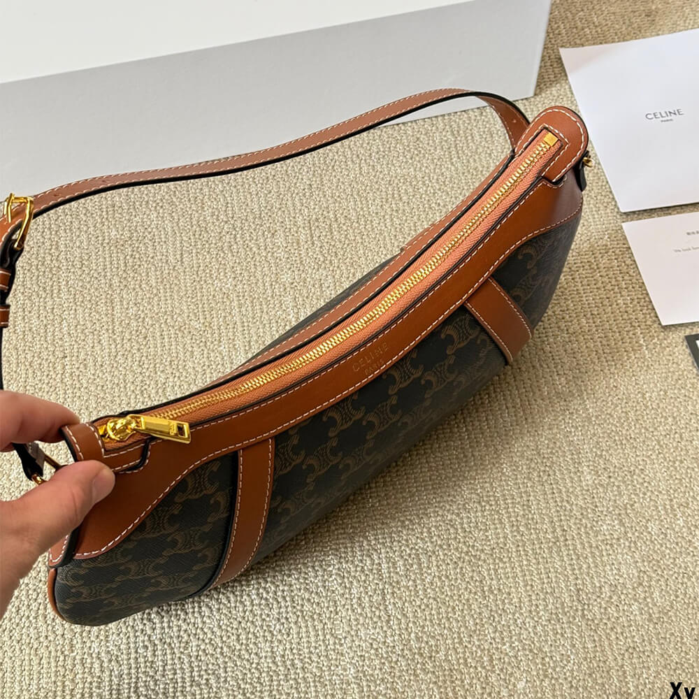 Ce1i*e STRIPED LOGO PRINTED COW LEATHER HOBO BAG